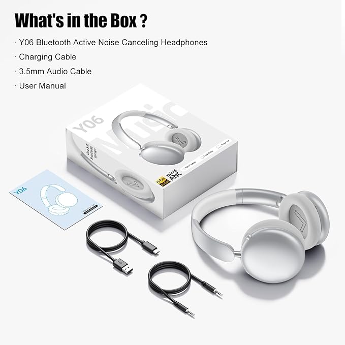 Wentronic Y06 Noise Cancelling Headphones,58H Playtime and 5 EQ Music Modes Wireless Over Ear Bluetooth Headphones with Microphone,Lossless Audio,Multipoint Connection,Foldable,Lightweight,Silver