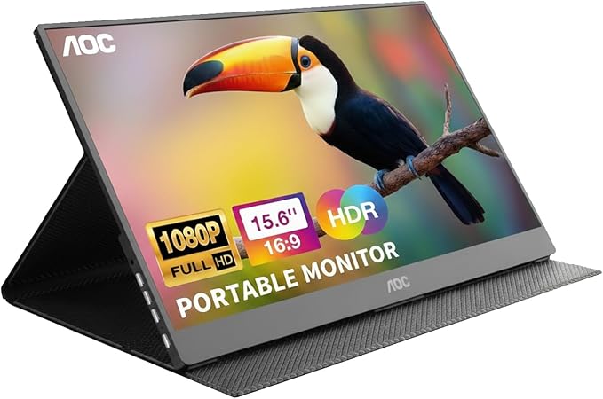 AOC 16T20 Portable Monitor 15.6" FHD 1080p IPS Display, USB-C Portable Laptop Screen, Mini HDMI, Built-in Speakers, Travel Monitor with Smart Cover, Compatible with Laptops, MacBook, PS5, Xbox