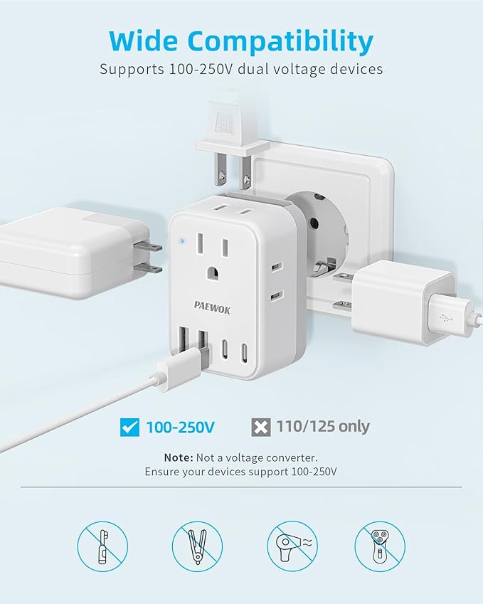 European Travel Plug Adapter USB C, US to EU/UK Plug Adapter- 4AC Outlets 4 USB Charger, International Power Adaptor kit Include Type G/C/L for American to England Italy France Germany Greece