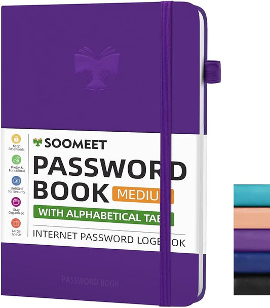 Password Book with Alphabetical Tabs, Hardcover Password Keeper, A5 Size 8.3"x6" Password Notebook for Saving Internet Login, Username, Password Organizer for Computer & Website Logins, Pruple