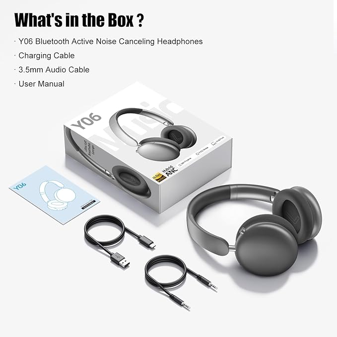 Wentronic Y06 Noise Cancelling Headphones,58H Playtime and 5 EQ Music Modes Wireless Over Ear Bluetooth Headphones with Microphone,Lossless Audio,Multipoint Connection,Foldable,Lightweight,Space Grey