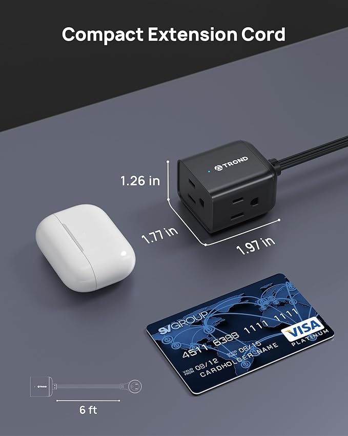 TROND 360° Rotating Flat Plug Extension Cord 3ft, Low Profile Small Power Strip, Three Side Grounded Outlet, 13A, Short SPT 16/3 Gauge Cable for Indoor Home Office Cruise Travel Essentials, Black