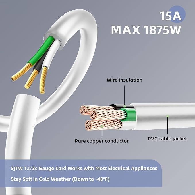 EP 50 Ft Outdoor Extension Cord, 12/3 SJTW Heavy Duty Extension Cable with 3 Prong Grounded Plug, 15 AMP Power Cord for Lawn, Garden, Appliances, White