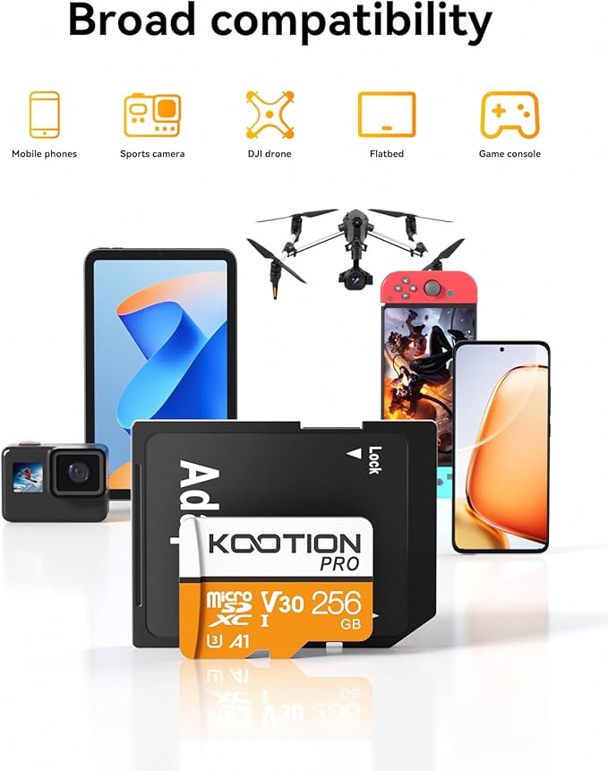 KOOTION Micro SD Card 256GB U3 TF Card with Adapter, V30, A1, Full HD, 4K UHD, UHS-I microSDXC Flash Memory Card for Smartphone