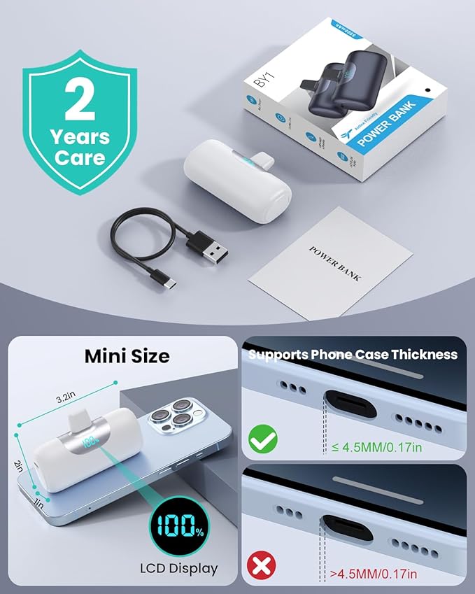 Mini Portable Charger for iPhone,Upgraded 22.5W PD Fast Charging 5500mAh Ultra-Compact Power Bank,LCD Display Plug-in Cute Battery Pack Travel Essentials for iPhone 14/14Pro/13/12/11/X/8/7/6 (White)