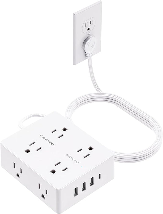 Surge Protector Power Strip 10 ft Cord, Olcorife Ultra Thin Flat Plug Extension Cord, 8 Outlets 4 USB Ports(1 USB C), Flat Plug Outlet Extender, College Dorm Room Essentials, White