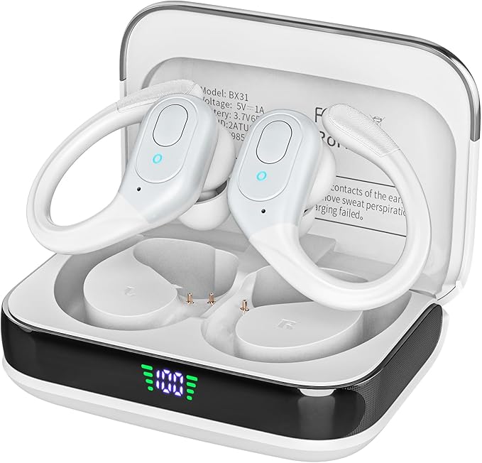 Bluetooth Headphones Wireless Earbuds with 75Hrs Playback, LED Display Charging Case, IPX7 Waterproof, Over-Ear Design Ear Buds for Sports/Running/Workout - White