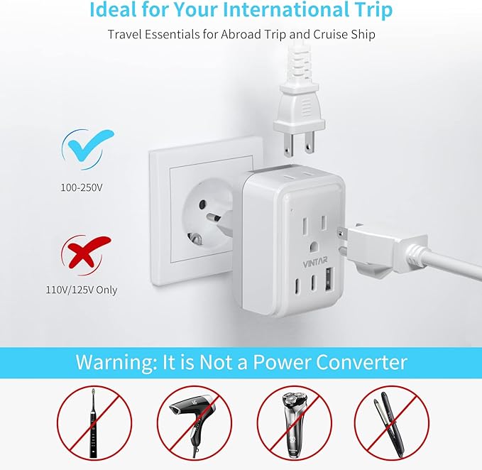 VINTAR Israel Adapter Plug Kit, UK Adapters for Travel with 3 USB Ports (2 USB C) and 2 American Outlets, Type C,G,H Swap&Adapt Attachments, Adapter for Europe and UK Israel Ireland Iceland