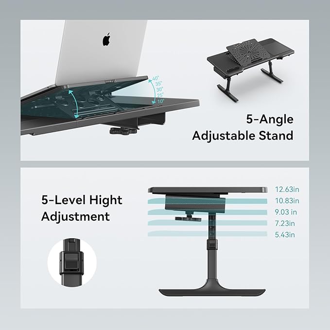 Newtral Laptop Bed Tray Desk, Height & Angle Adjustable Foldable Laptop Stand w/Cup Holder, Mousepad, Laptop Table Bookstand for Gaming, Working, Sofa & Office Chairs Use (Black, Upgrade)