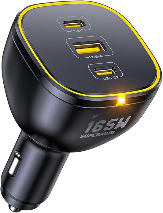 AOHI 165W Laptop Car Charger Adapter 140W PD 3.1/ 100W PD 3.0 USB C Super Fast Charging PPS 45W 3-Ports QC5.0 Car Lighter Charger for MacBook Pro, iPhone 16/15, Galaxy S24 Ultra, iPad, Black