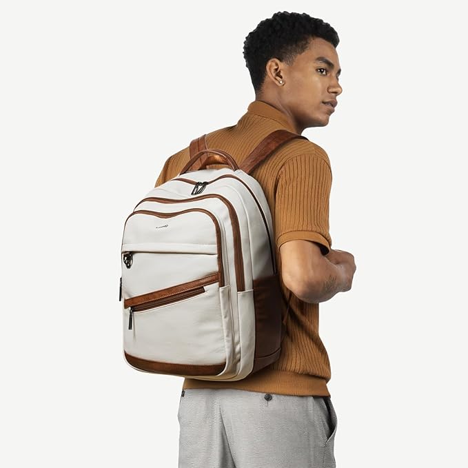 43L Backpack for Women Men - Vegan Leather Backpack Purse Travel Carry-on Bag College Bookbag Work fits 17" Laptop, Beige