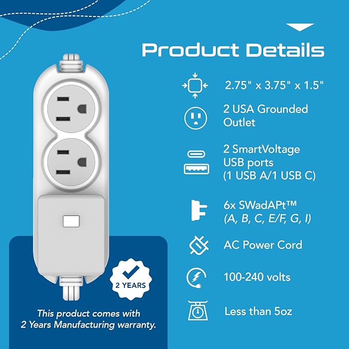 Ceptics Travel Power Strip - Small & Compact - Surge Protector - Grounded USB + Type C - 2 USA Outlets Input - Plugs for Europe, Asia, China, USA, South America