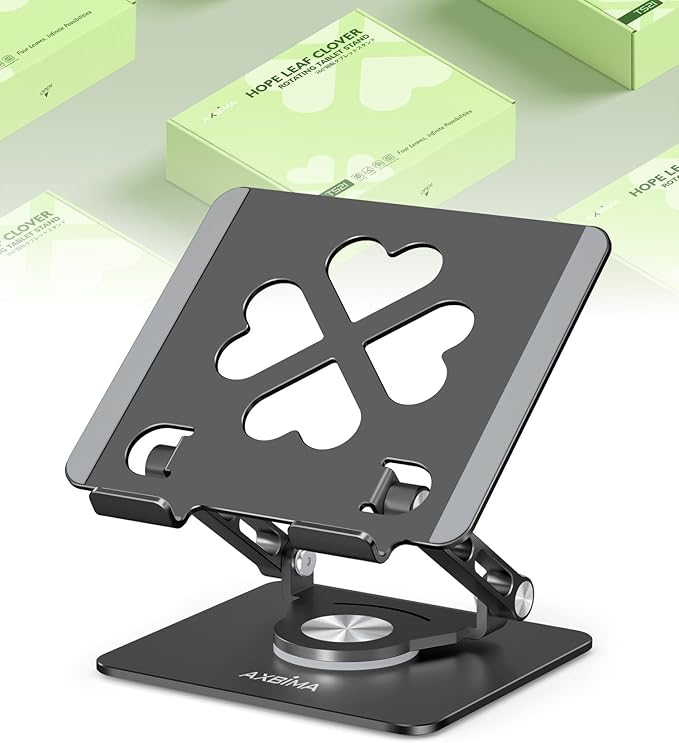 Tablet Stand for iPad, 360° Rotating Aluminum Desktop Holder – Adjustable & Foldable Desk Stand Compatible with iPad Pro 12.9/11, Air 10.9, Samsung Tab S9, Portable for Home Office, Black