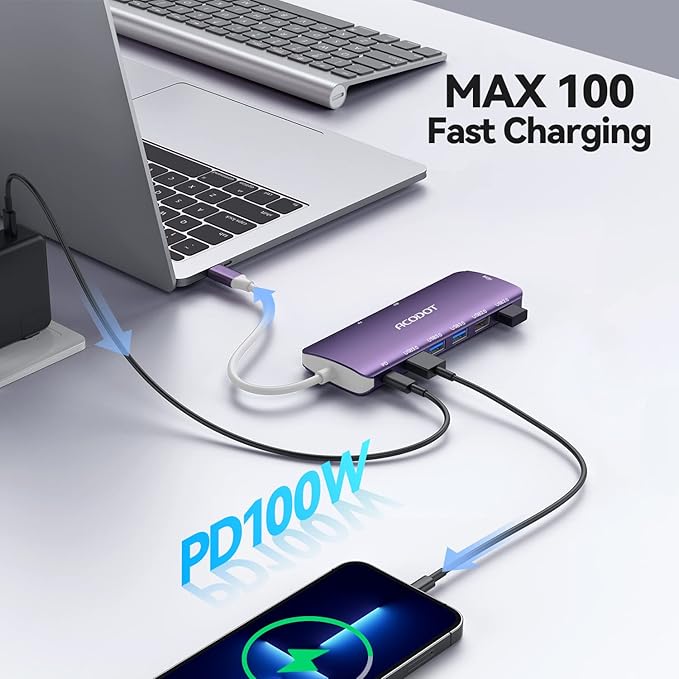 Acodot 9 in 1 USB C Hub - 4K@60Hz HDMI Adapter, 3 USB 3.0 Ports, SD/TF Card Reader, 100W PD, Multiport Adapter for MacBook Pro, Air, HP, XPS, Purple