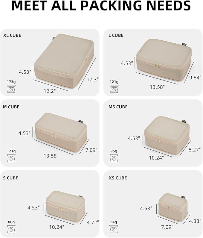 6 Set Compression Packing Cubes, Suitcase Storage Bags for Clothes and Travel Essentials (Classic Khaki)