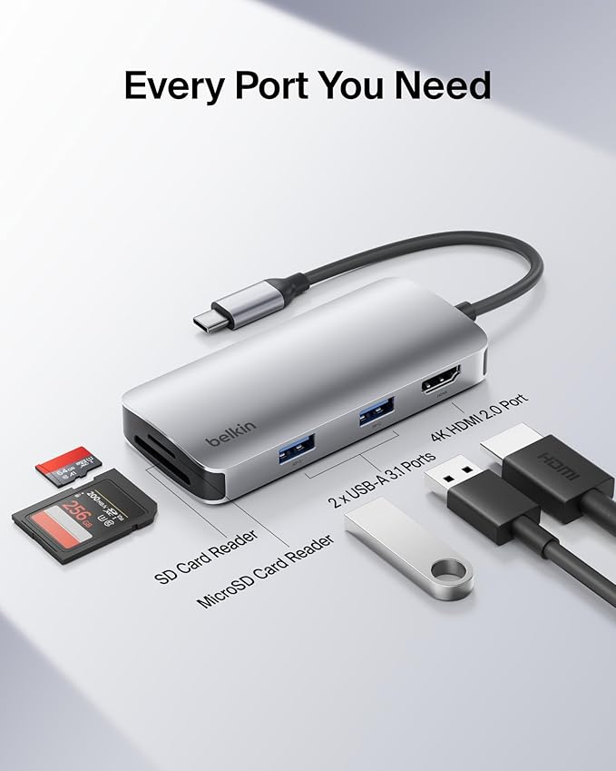 Belkin USB-C Hub, 5-in-1 Multiport Adapter - USB-C Docking Station with 4K HDMI, 2 x USB-A Ports, SD Card Slot, & MicroSD Card Slot for MacBook Pro, Air, iPad Pro, XPS, and More