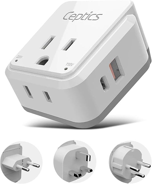Ceptics Israel, Jordan Power Plug Adapter Travel, 20W PD & QC, Safe Dual USB & USB-C 3.1A -2 USA Socket - Use in Jerusalem, Palestine, UAE - Includes Type H, Type C, Type G Swadapt Attachments