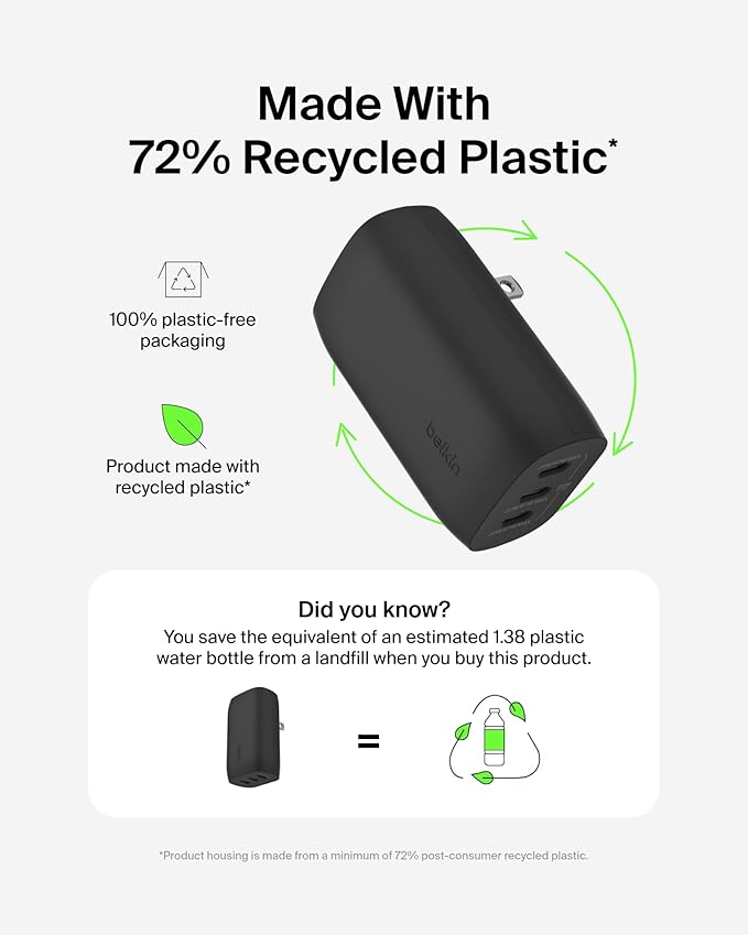 Belkin 3-Port USB C Charger Block w/PPS 67W, USB-C PD 3.1 Super Fast Charging - Samsung Galaxy S25, Apple iPhone 17, Air, Pro, Pro Max, MacBook, AirPods, Apple Watch, Nintendo Switch 2, etc. - Black