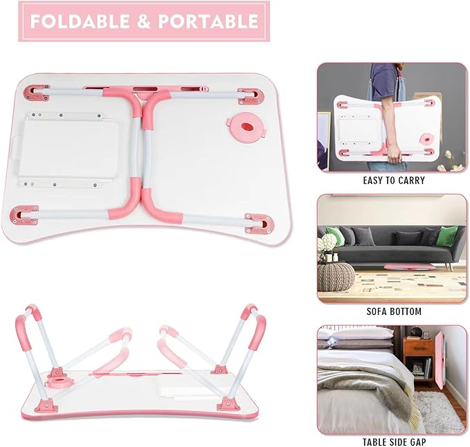 Laptop Bed Table, Foldable Laptop Desk Bed Tray with Storage Drawer, Lap Desk TV Tray for Breakfast Serving, Notebook Stand Reading Holder with Phone Slot and Cup Holder for Sofa Couch Floor-Pink