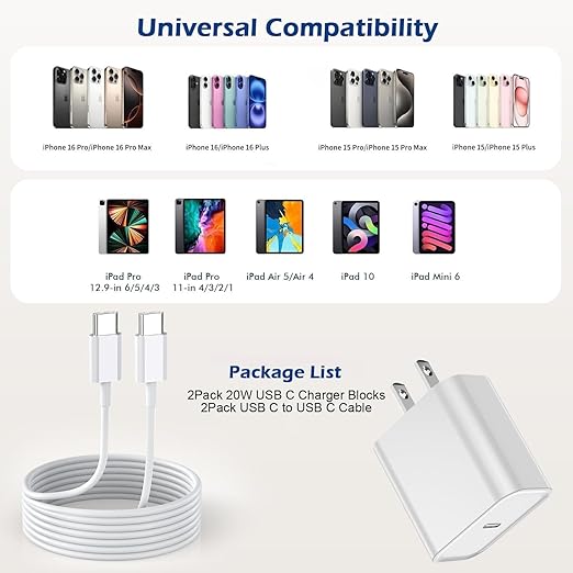 Fast Charging for iPhone 16/16e,Apple Charger Fast Charging,2Pack 20W USB C Charger Block with Extra Long 10FT USB C to Type C Charger Cable Cord for iPhone 16/16e/16Pro/16ProMax/15/iPad Pro/Air/Mini