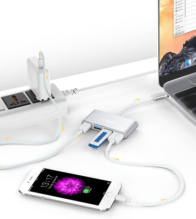 LENTION 4-in-1 USB-C Hub with Type C, USB 3.0, USB 2.0 for 2024-2016 MacBook Pro (M1-M4), iPhone 16-15 New Mac Air/Surface, ChromeBook, More, Multiport Charging & Connecting Adapter (C13, Silver)