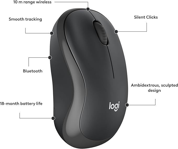 Logitech M240 Silent Bluetooth Mouse, Wireless, Compact, Portable, Smooth Tracking, 18-Month Battery, for Windows, macOS, ChromeOS, Compatible with PC, Mac, Laptop, Tablets - Graphite
