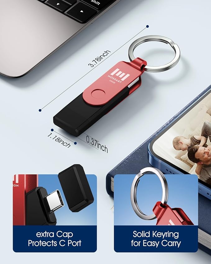 MOSDART 256GB USB3.1 Fast Speed C and A Dual Flash Drive, exFAT Memory Stick with Keychain and LED Indicator, for iPhone 15 and 16, Android Phone, iPad, MacBook, and Other Laptops, Red