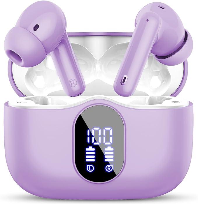 Wireless Earbuds, Bluetooth 5.4 Headphones Bass Stereo, Ear Buds with Noise Cancelling Mic, LED Display in Ear Earphones Clear Calls, IP7 Waterproof Bluetooth Earbuds for Laptop/Phones/Sports, Purple