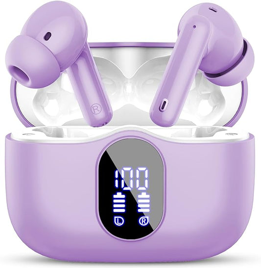 Wireless Earbuds, Bluetooth 5.4 Headphones Bass Stereo, Ear Buds with Noise Cancelling Mic, LED Display in Ear Earphones Clear Calls, IP7 Waterproof Bluetooth Earbuds for Laptop/Phones/Sports, Purple