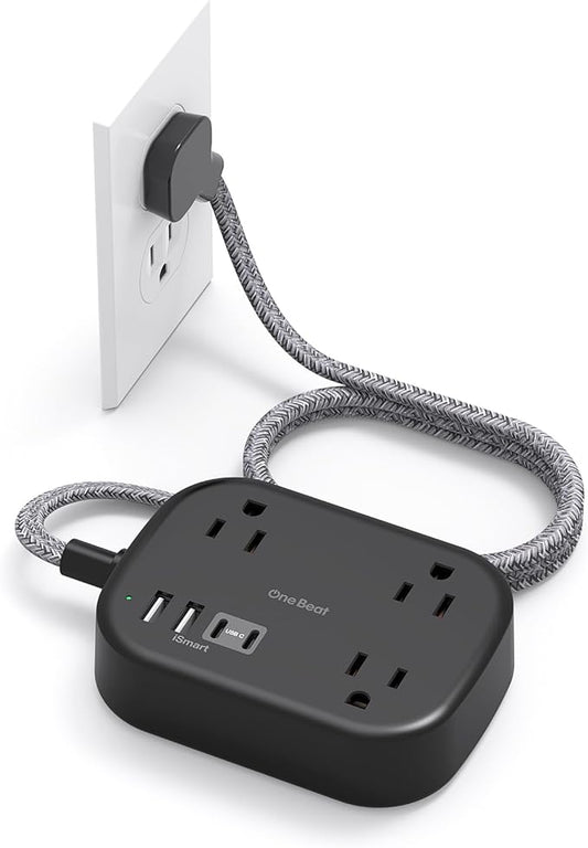 One Beat Cruise Ship Essentials,Travel Power Strip with USB C,Flat Plug Extension Cord with 3 Outlets 4 USB Ports(2 USB C),5 ft Desk Wall Outlet Extender,Non Surge Protector for Cruise,Dorm, Black