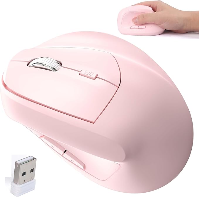 Wireless Bluetooth Mouse Vertical Ergonomic Dual Mode Rechargeable Silent Portable High Precision Optical Cordless Mice with USB Receiver for PC/Laptop/Tablet/MacBook Boy Girl,Reduce Wrist Pain（Pink）