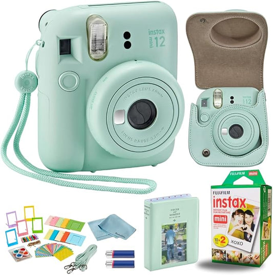 Fujifilm Instant Mini 12 Camera + Accessory Bundle & Custom Case + Fuji Instant Film (20 Shots), Designer Mini Photo Album (60 Pockets) (Mint Green)