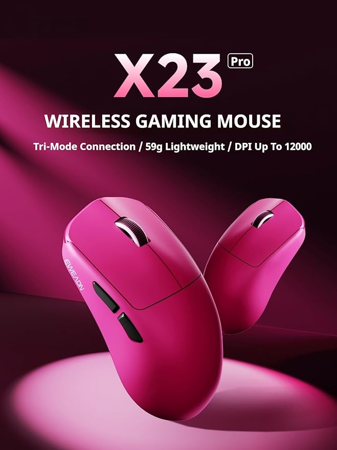 EWEADN X23Pro Wireless Gaming Mouse, 2.4G/BT5.0/USB-C Esports Gaming Mouse, 49g Lightweight Mouse Gaming, 12000 DPI Wireless Mouse with 6 Programmable Buttons,For Laptop/PC/Mac, Raspberry Pink