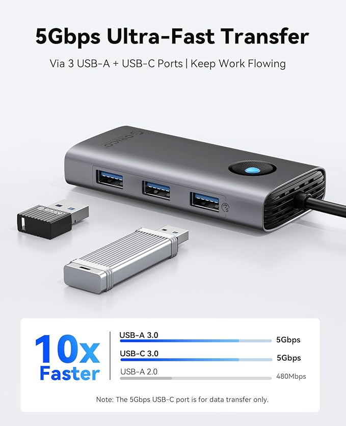 ORICO 6-in-1 USB C Docking Station with 4K HDMI, 3 USB-A 3.0 & 1 USB-C 3.0 Ports (5 Gbps), 100W PD Charging, Multiport Adapter for Windows, Mac