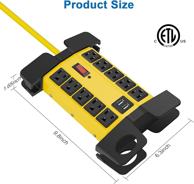 CCCEI Heavy Duty Power Strip with USB Ports, Garage 10 Outlets Surge Protector 2700 Joules, Industrial Workshop Metal 15Amp Multiple Outlets, 6 FT Extension Cord and Wide Spaced Yellow.