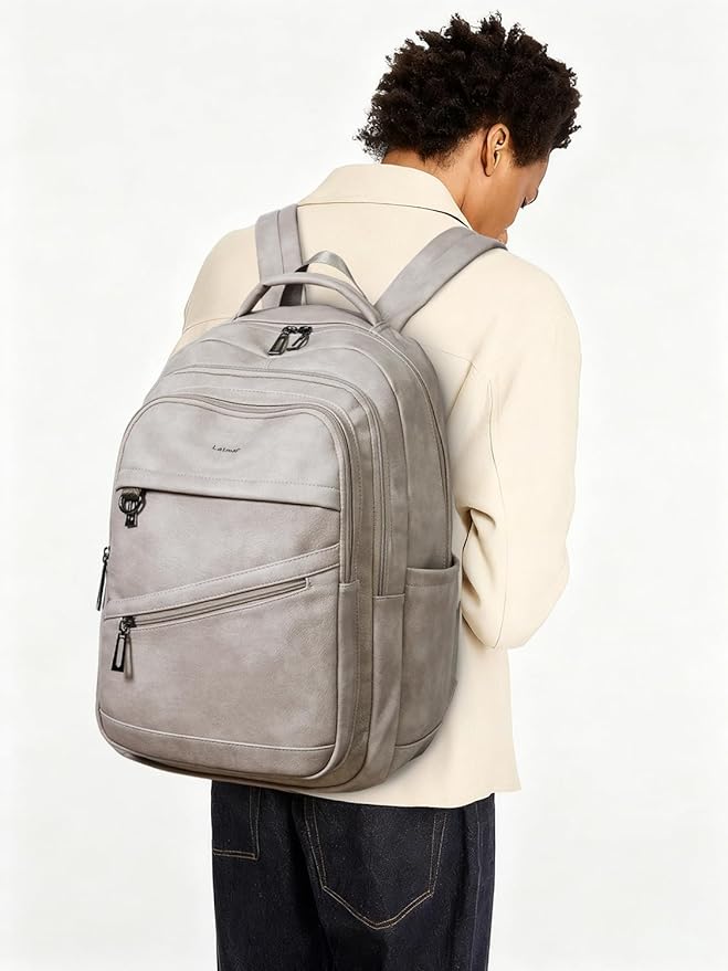 43L Backpack for Women Men - Vegan Leather Backpack Purse Travel Carry-on Bag College Bookbag Work fits 17" Laptop,Ash Gray Retro
