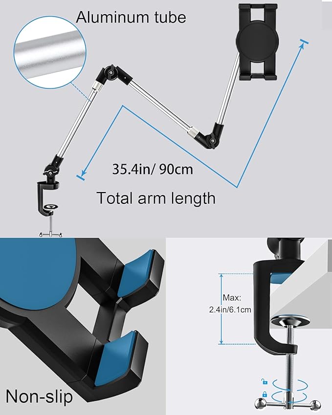 Aluminum Tablet Mount Holder for for 4.7-13" Phone & iPad - Flexible Bed/Desk Clamp Tablet Stand with 360° Rotation, Compatible iPad Pro/Air/Mini, Galaxy Tab, iPhone, Tablets