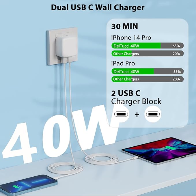 iPhone Charger Fast Charging, 40W Dual USB C Wall Charger Apple MFi Certified Dual USB-C Port Power Adapter with 2Pack 6FT USB-C to Lightning Cable for iPhone 14 Plus/13/12/11/XS/XR/X/iPad Wall Block