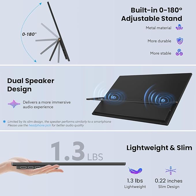 Portable Monitor Touchscreen 15.6'' FHD 1080P USB-C HDMI Ultra-Slim Gaming Display, Built-in Stand Speakers HDR IPS,for Laptop PC Mac Phone PS4/5 Travel Monitors (1080p Touchscreen, 15.6")