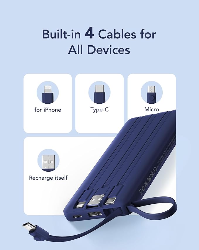 VRURC Portable Charger Power Bank, 10000mAh Travel Essentials, 5 Outputs 2 Inputs Slim Battery Pack Built-in Cables Cords Compatible with iPhone,Samsung,Android-Navy Blue(1 Pack)