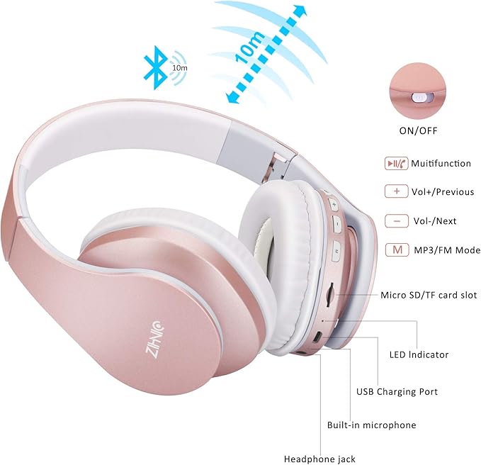 ZIHNIC Bluetooth Headphones Over-Ear, Foldable Wireless and Wired Stereo Headset Micro SD/TF, FM for Cell Phone,PC,Soft Earmuffs &Light Weight for Prolonged Wearing(Rose Gold)