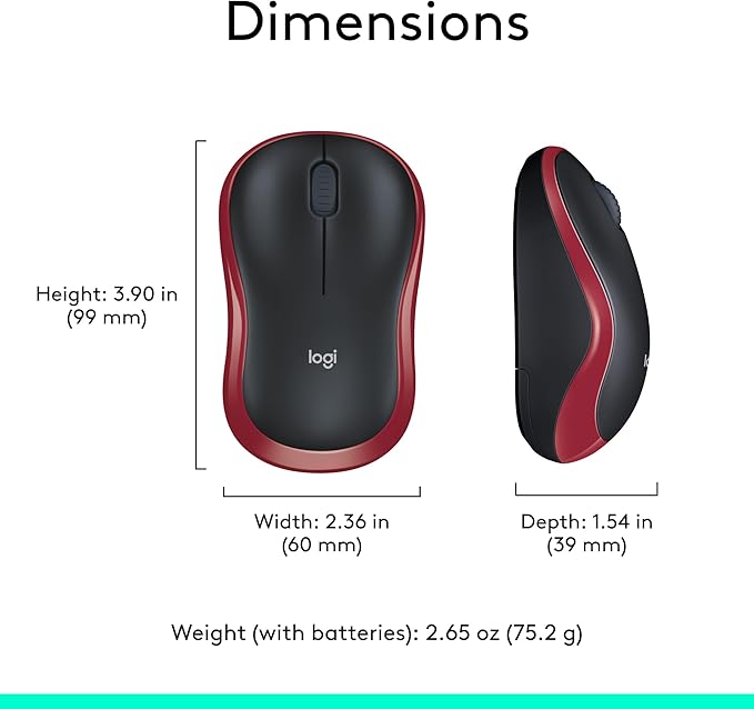 Logitech M185 Wireless Mouse, 2.4GHz with USB Mini Receiver, 12-Month Battery Life, 1000 DPI Optical Tracking, Ambidextrous, Compatible with PC, Mac, Laptop - Red