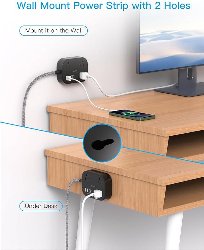 One Beat Cruise Ship Essentials,Travel Power Strip with USB C,Flat Plug Extension Cord 10 FT with 3 Outlets 4 USB Ports(2 USB C),Desk Wall Outlet Extender,Non Surge Protector for Cruise,Dorm Room,ETL