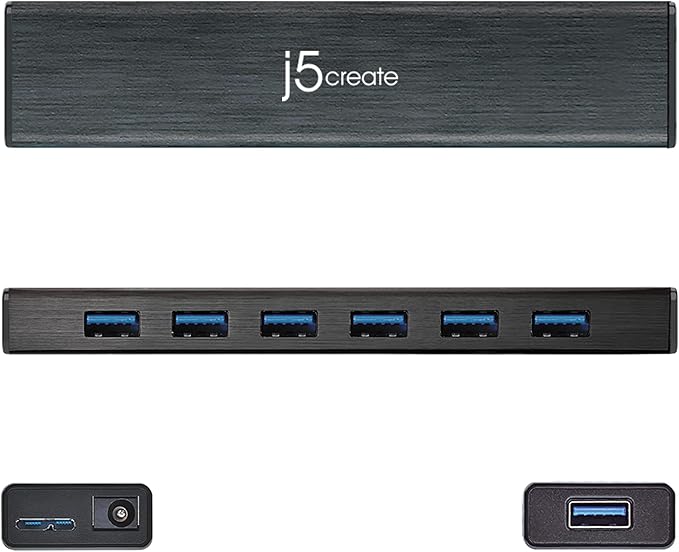 j5create 7-Port Powered USB 3.0 Data Hub with 3.3 ft Extended Cable [20W Power Adapter Included] for Mac, MacBook, Windows, Laptop, Surface, XPS, PC (JUH377)