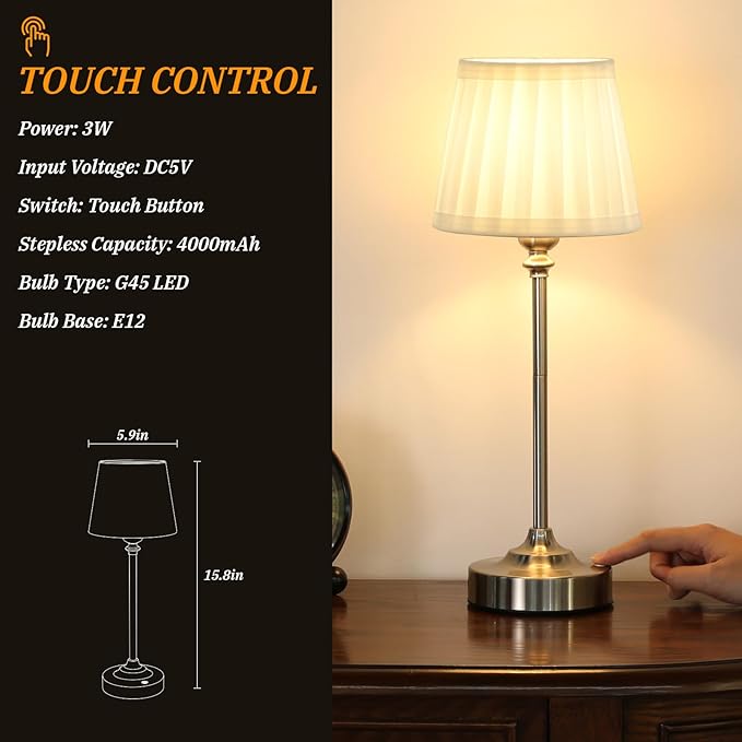 Kakanuo Cordless Table Lamp Rechargeable Silver - 1 Pack 4000mAH Battery Operated Lamp for Decor, 3000K Stepless Dimming Touch Control Wireless Lamp for Bedroom, Dining Table, Counter, Living Room