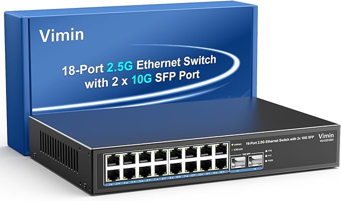 18 Port 2.5G Switch Unmanaged, 16 Ports 2.5Gbase-T Ethernet Switch+2X 10G SFP, 120Gbps Switching Capacity 2.5G Switch 16 Port , Fanless, for 2.5Gbps NAS, Wireless AP & PC, WiFi6 Router, Plug and Play