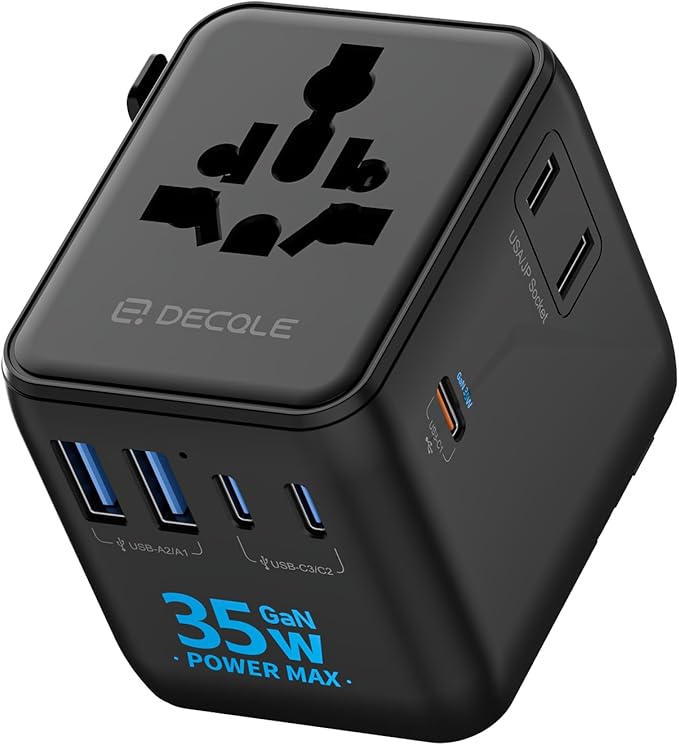 Universal Travel Adapter, International Travel Plug Adapter with 3 USB-C ＆ 2 USB-A Ports 35W, All in One Portable Socket, for USA, UK, EU, AU ＆ 224+ Countries (Black)
