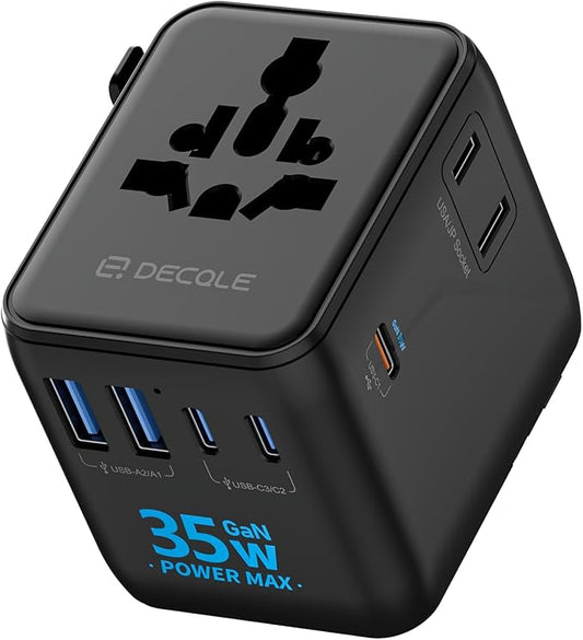 Universal Travel Adapter, International Travel Plug Adapter with 3 USB-C ＆ 2 USB-A Ports 35W, All in One Portable Socket, for USA, UK, EU, AU ＆ 224+ Countries (Black)