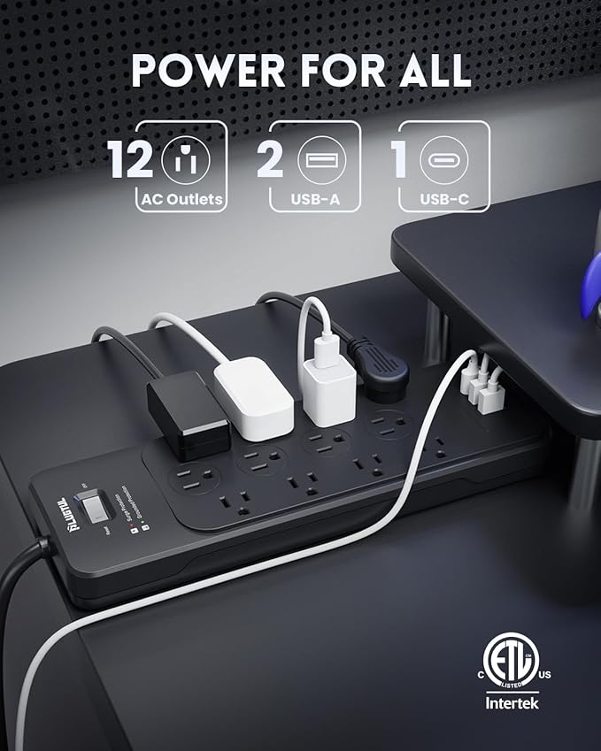 PLUGTUL Surge Protector Power Strip 5FT(4080J), Black Surge Protector with 12 Outlets - Spacious Design for Large Plugs, Flat Plug, 20W USB C Charging for Home, Office, ETL Listed