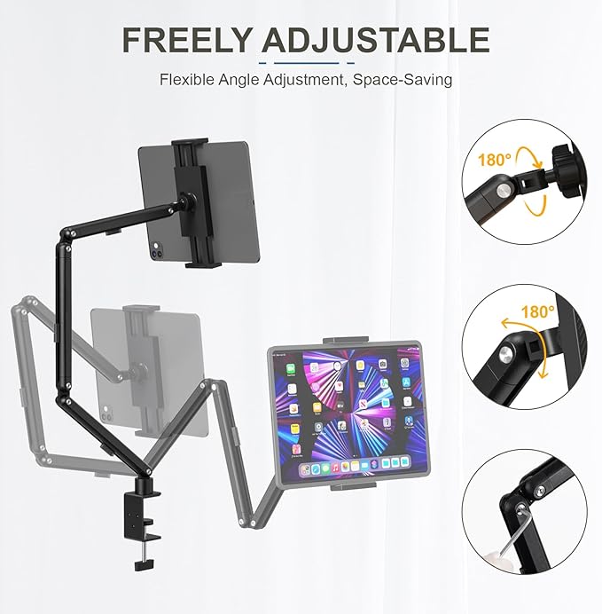 Tablet Stand Holder, Adjustable Foldable iPad Desk Mount Arm with 360°Rotate Base, Tablet Holder with Clamp iPad Stand for Desk, Compatible with Tablets, Phones or Other 4.7-15.6" Device